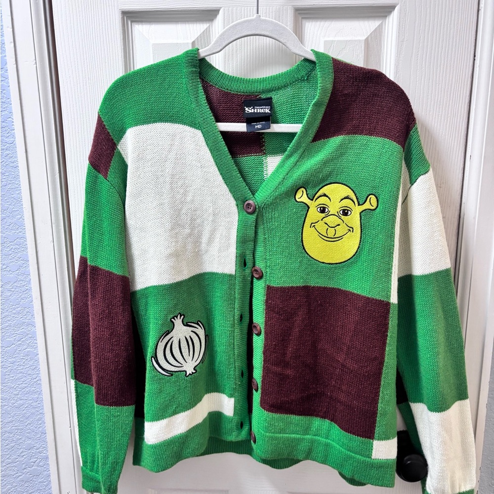 Dreamworks Shrek Green Block Stripe Cardigan with Patch Details